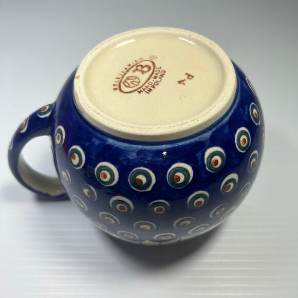 Boleslawiec Polish Pottery Blue Peacock Pitcher 36 Oz Blue Dot Swirl - Picture 8 of 9